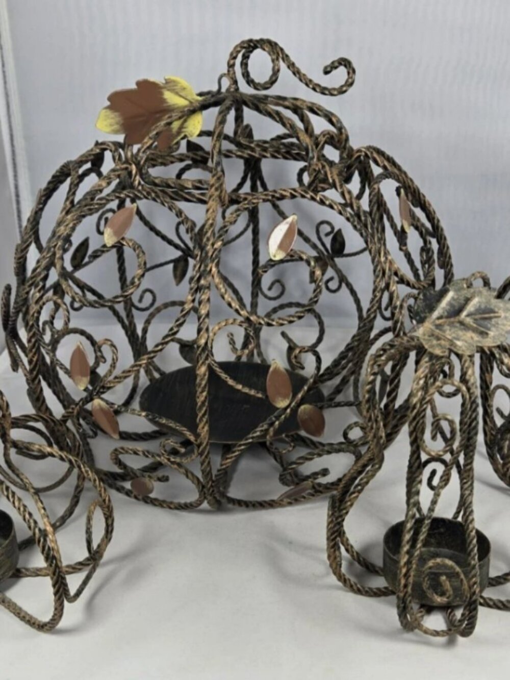 VTG Princess House Metal Pumpkin Candle Holder Complete 4 PC Set Rare Fall Decor